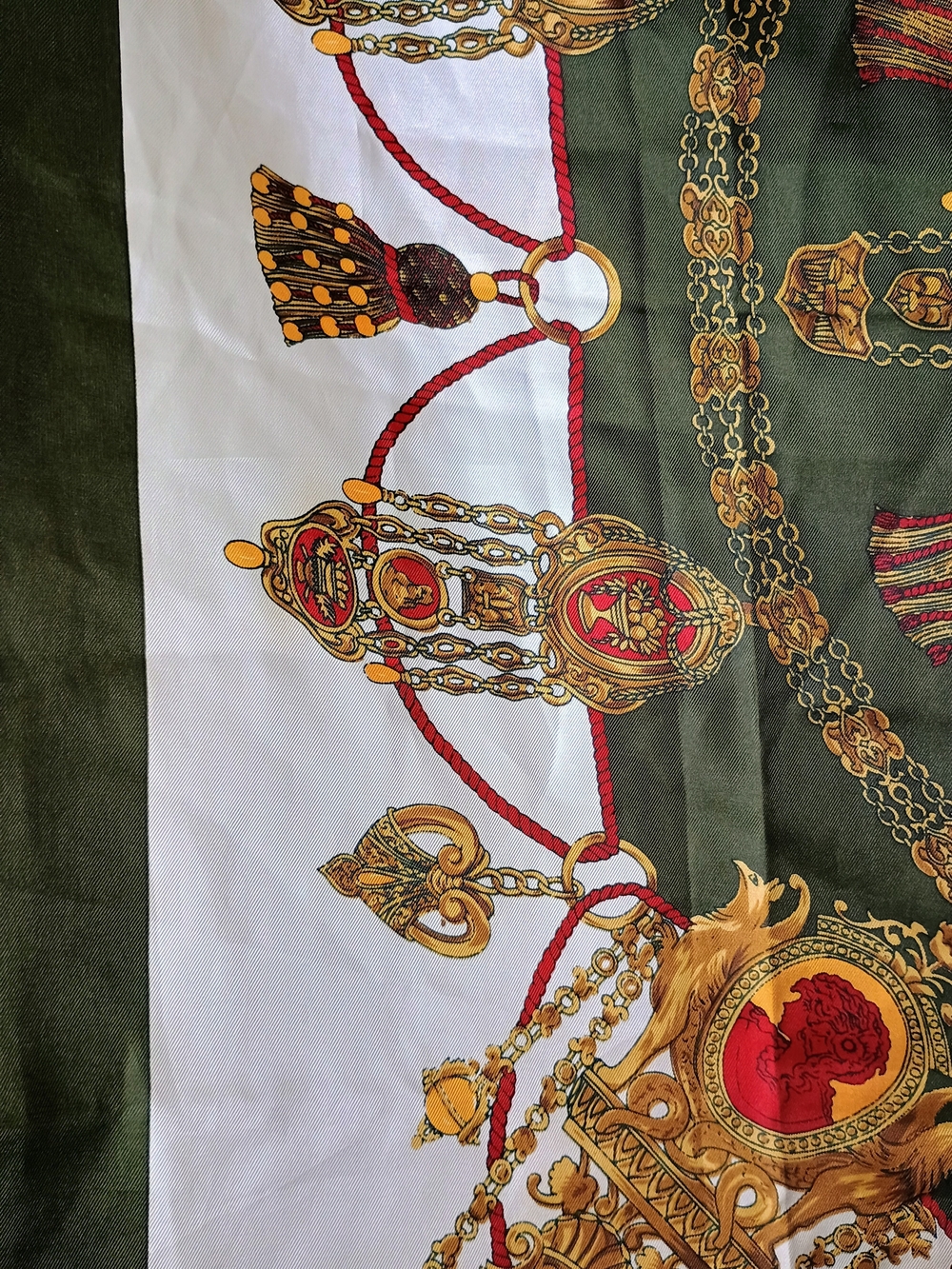Hermes Green, White & Gold Silk Scarf with Ornate Medallion Design - Vintage - Picture 8 of 10